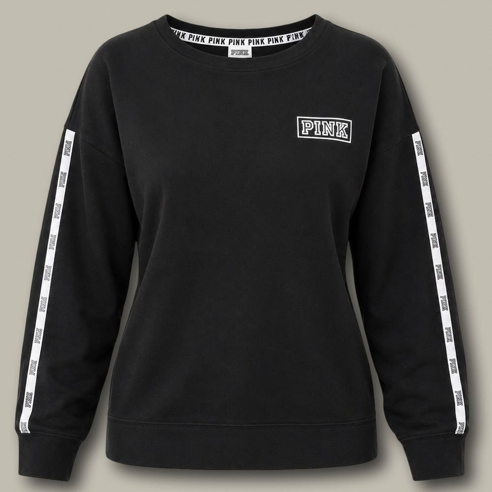 PINK Victoria's Secret Logo Tape Crewneck Sweatshirt S Black Fleece Pullover